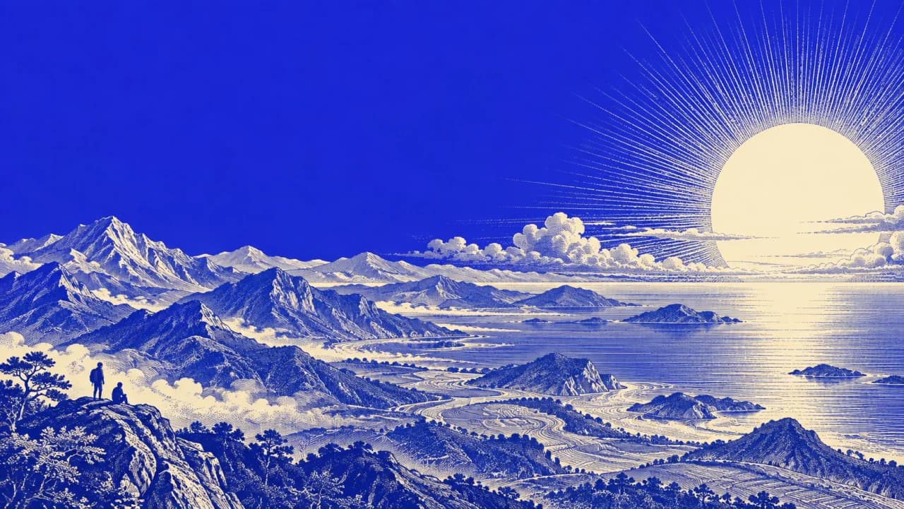 An engraved blue sea and mountain landscape under a rising sun.