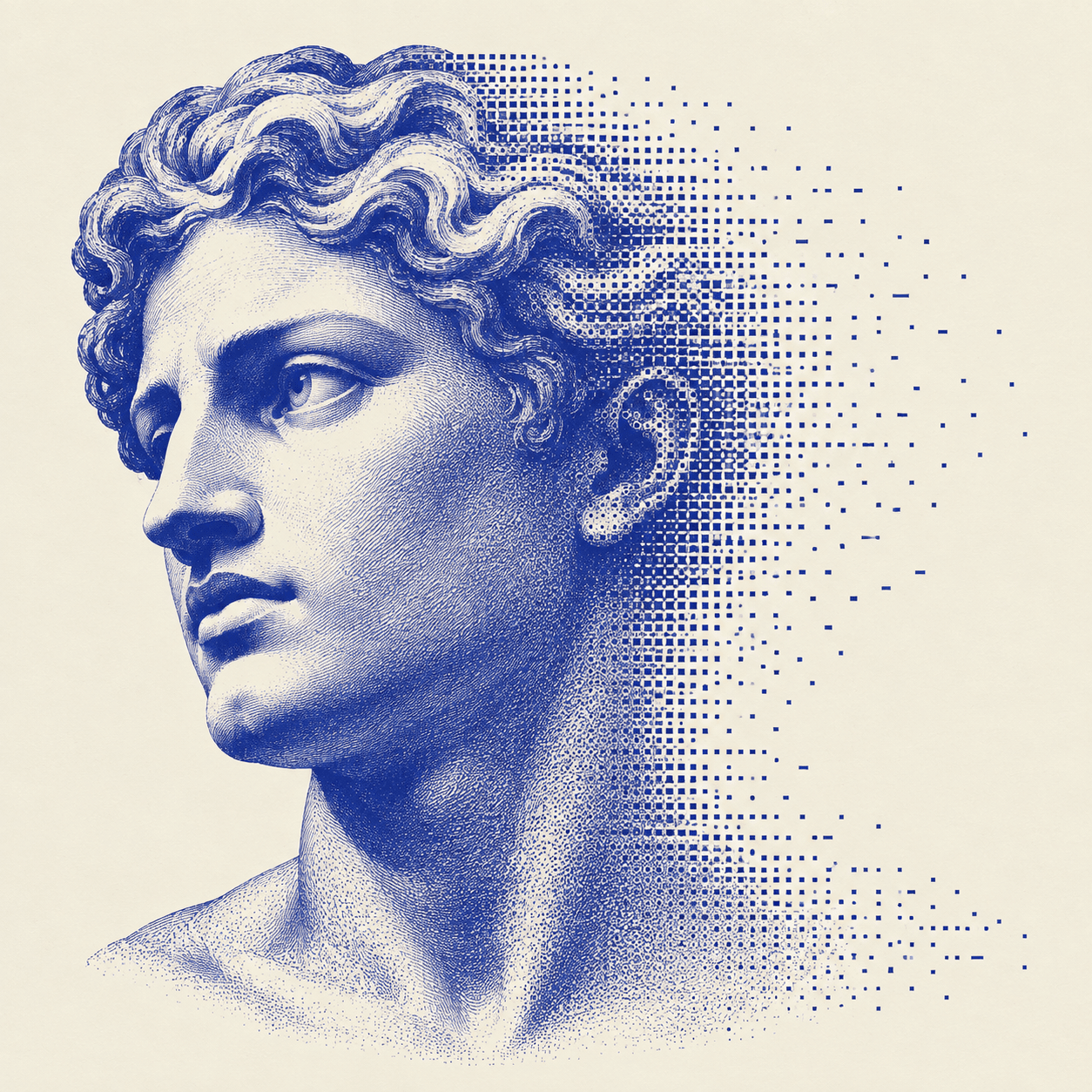 An engraved classical portrait dissolving into blue computational marks.
