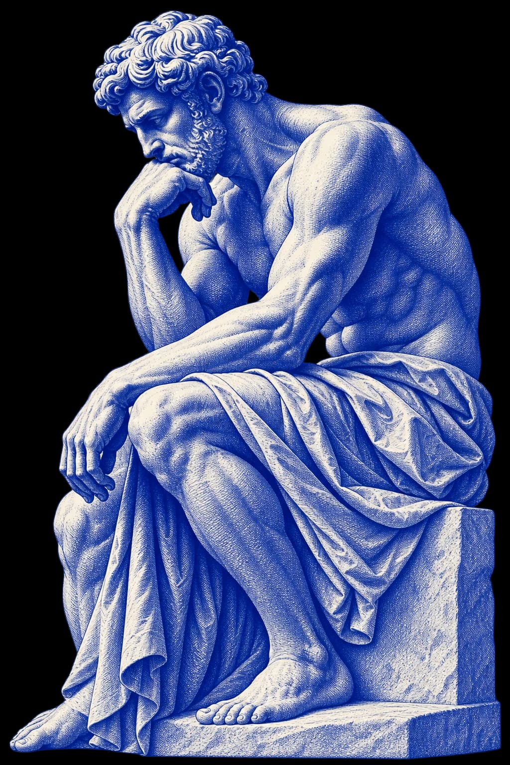 An engraved Thinker in blue ink.