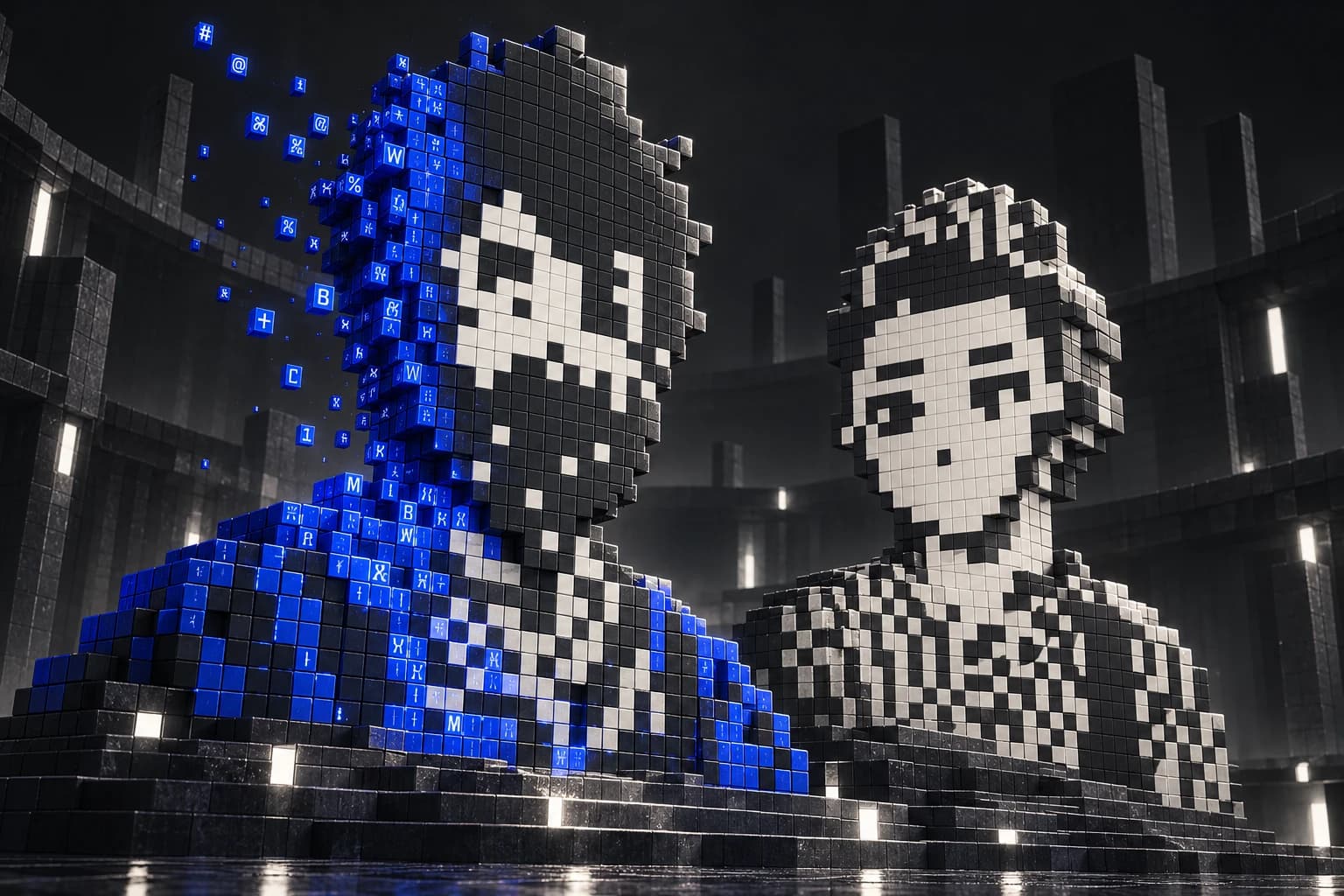 Normies #1 and #7210 as pixel-built characters in an arena, with ultramarine computational glyphs emerging from #1.