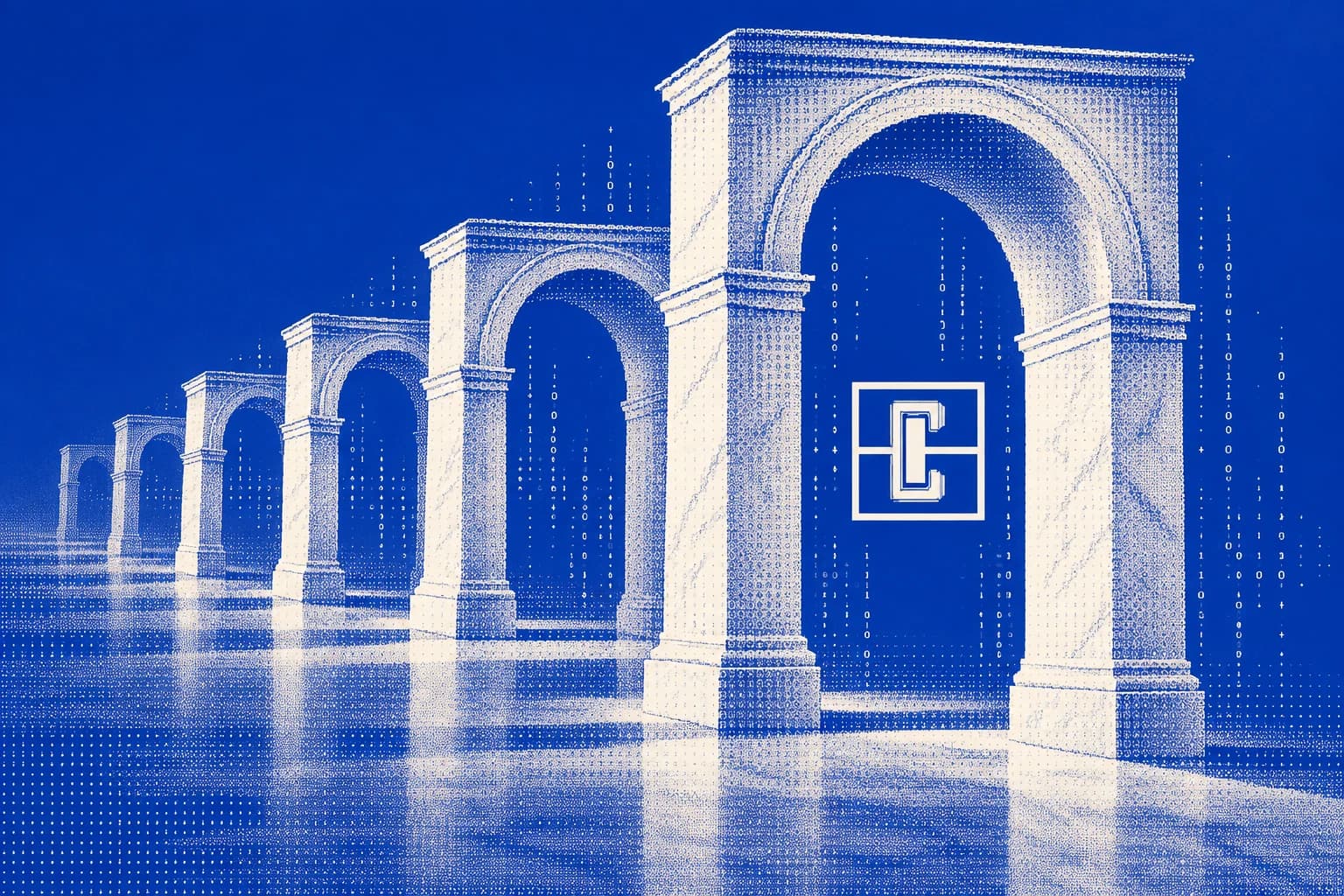 The white Capacitr symbol floats through six marble archways rendered in ultramarine computational textures.