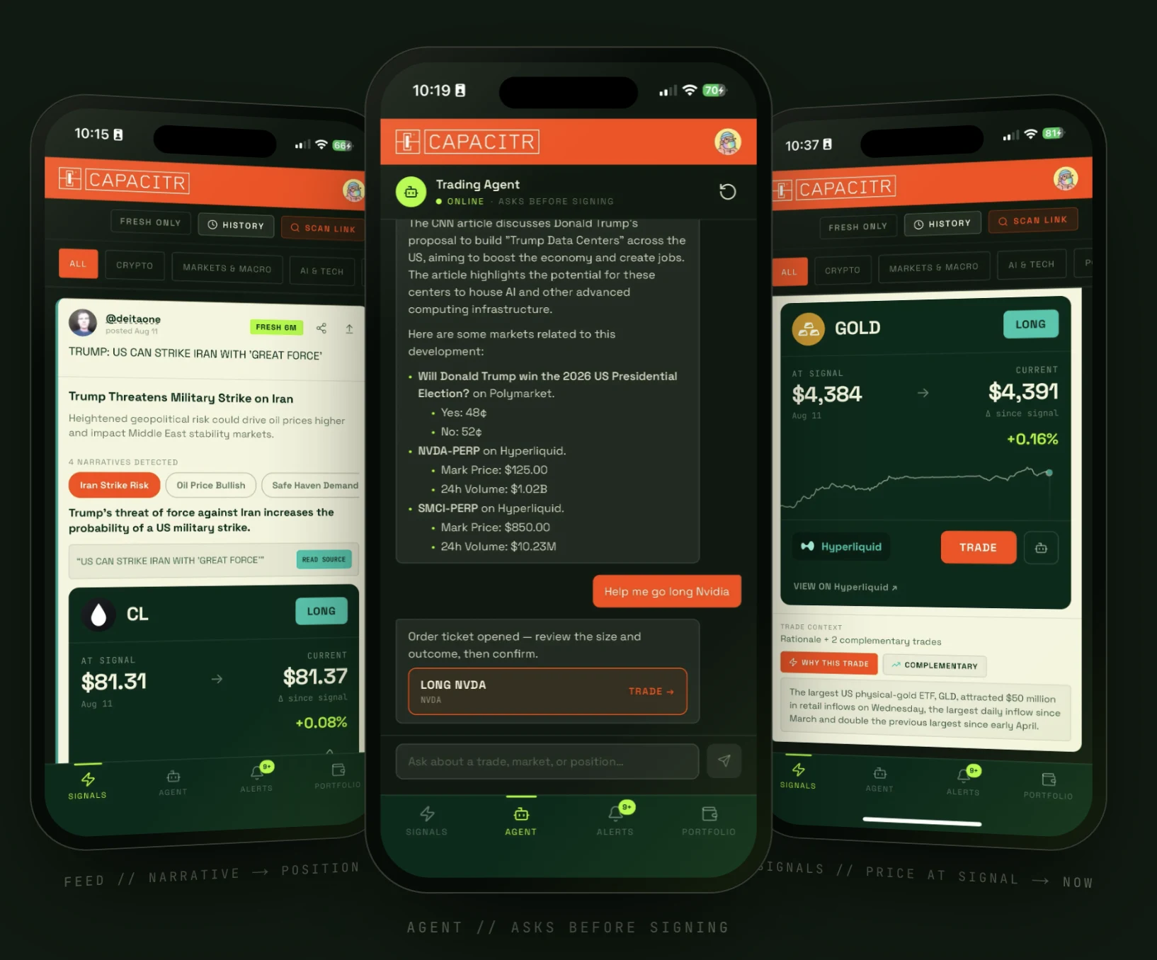 Capacitr’s narrative feed, trading agent, and signal detail on three mobile screens.