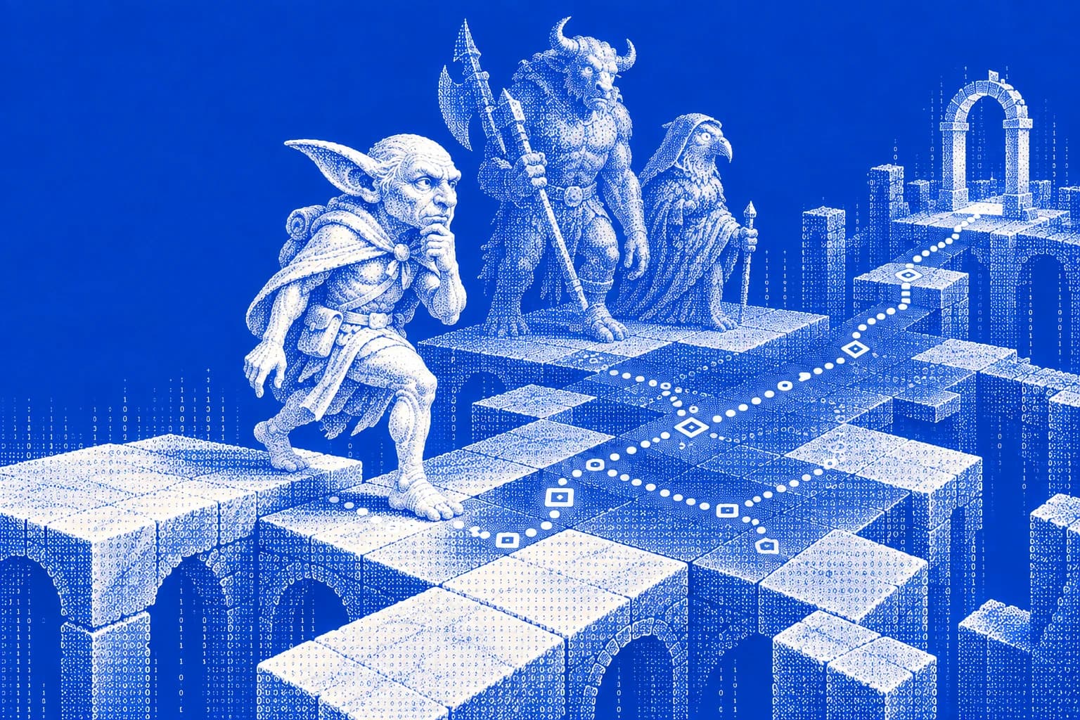 A white marble goblin considers branching dungeon paths, with ASCII glyphs defining the figures and foreground tiles against vivid ultramarine blue.