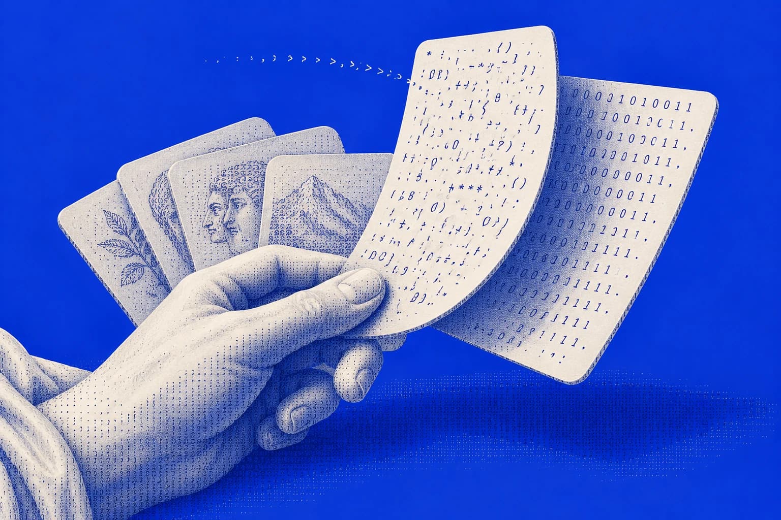 A marble hand fans out flashcards as ASCII marks gather on the selected card against ultramarine blue.