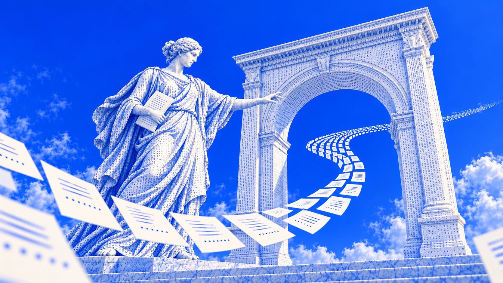 A monumental marble researcher directs a sweeping stream of market cards through a towering arch, with blue ASCII textures carved across both forms.