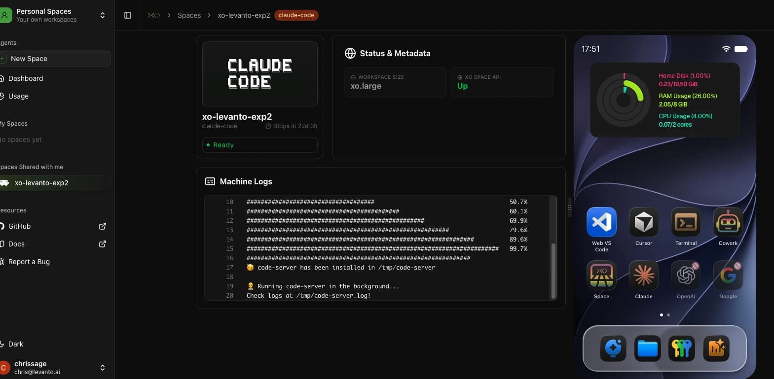 The xo-levanto-exp2 workspace in XO, showing Claude Code ready to run, workspace status, machine logs, and connected tools.