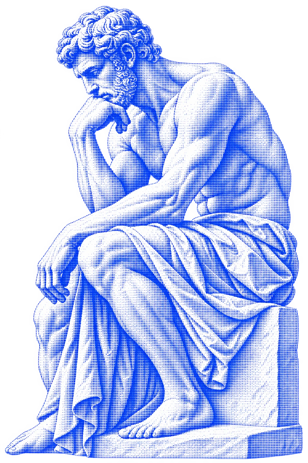 A classical Thinker composed of fine blue ASCII characters.